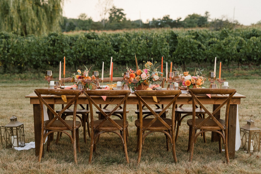 Wedding design based on vineyard sunset colours, bride and groom outdoor wedding with pink, orange, yellow tablescape, flat lay, table decor